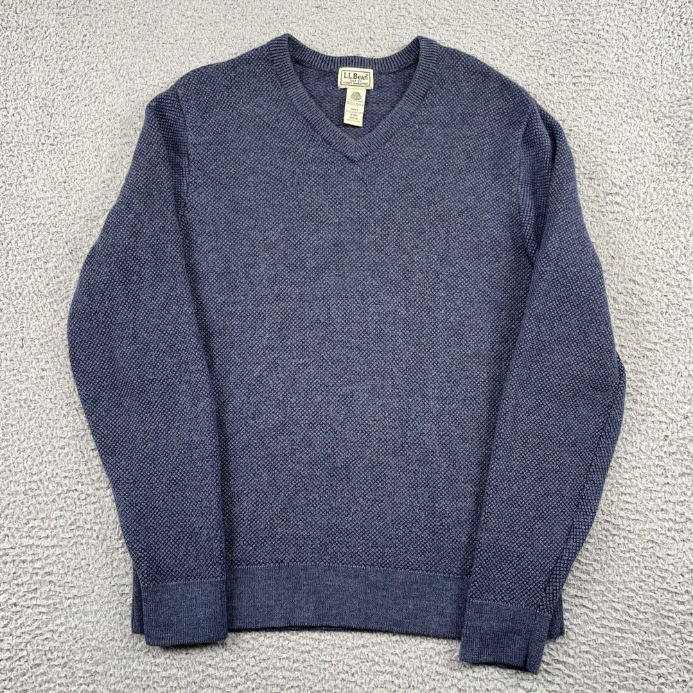 LL Bean Sweater Mens Medium Blue Merino Wool V-Neck Waffle Knit Pullover Classic